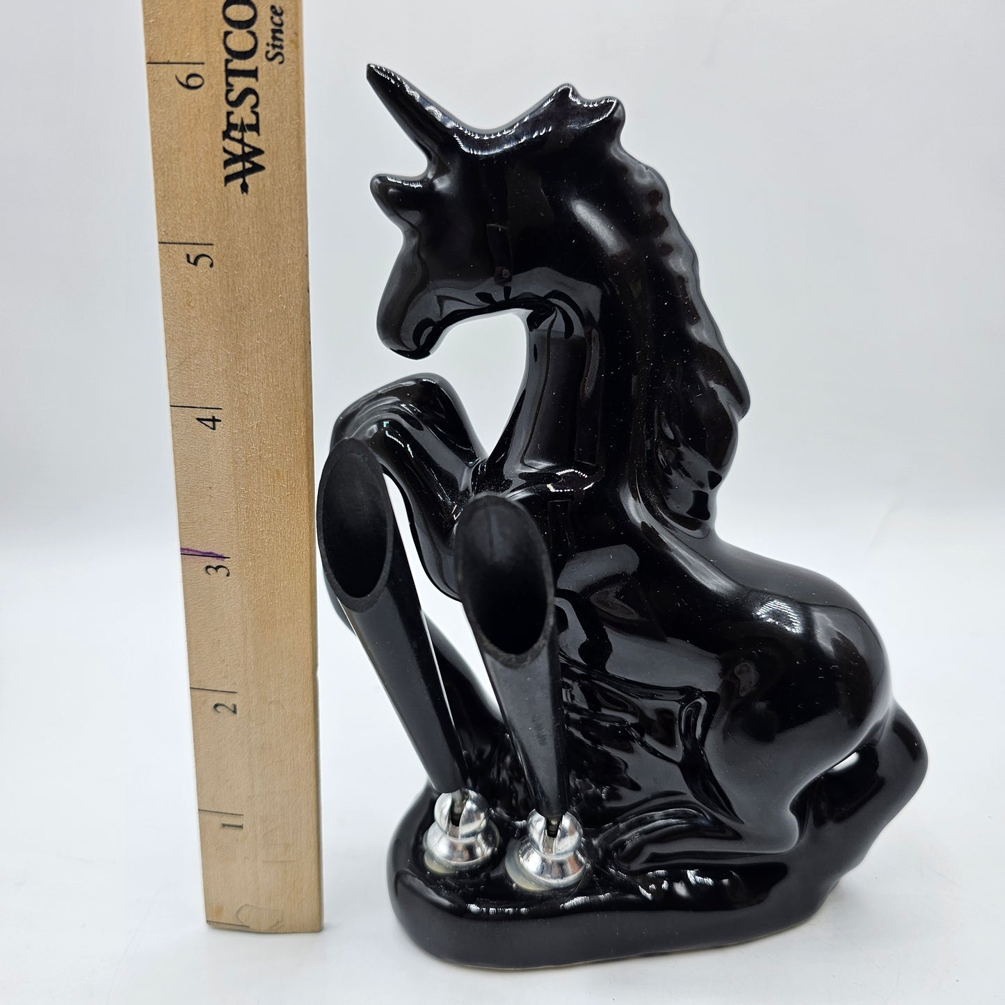 Vintage Glossy Black Ceramic Horse 2 Pen Holder / Desk Accessory