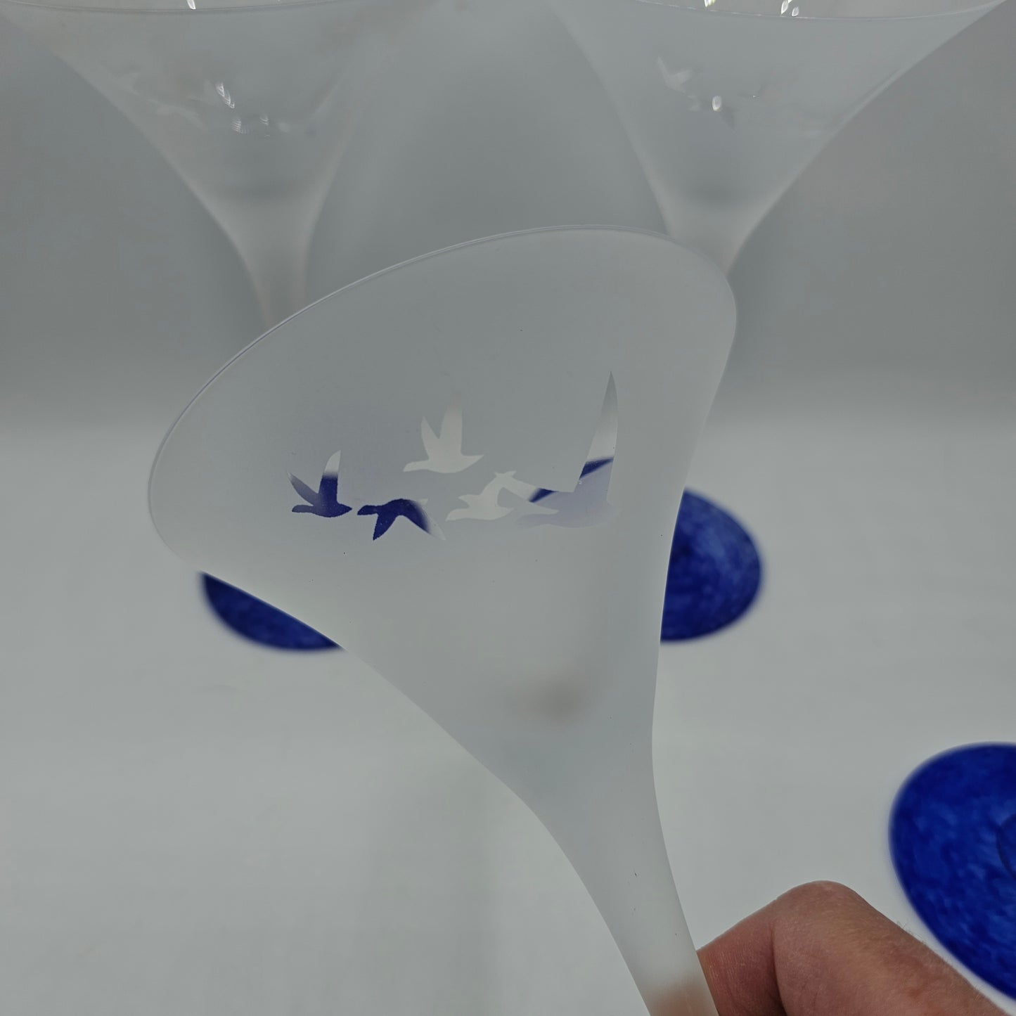 Vintage Grey Goose Cobalt Confetti Base Vodka Martini Glasses - Set of 4 (3 clear geese, 1 white geese)