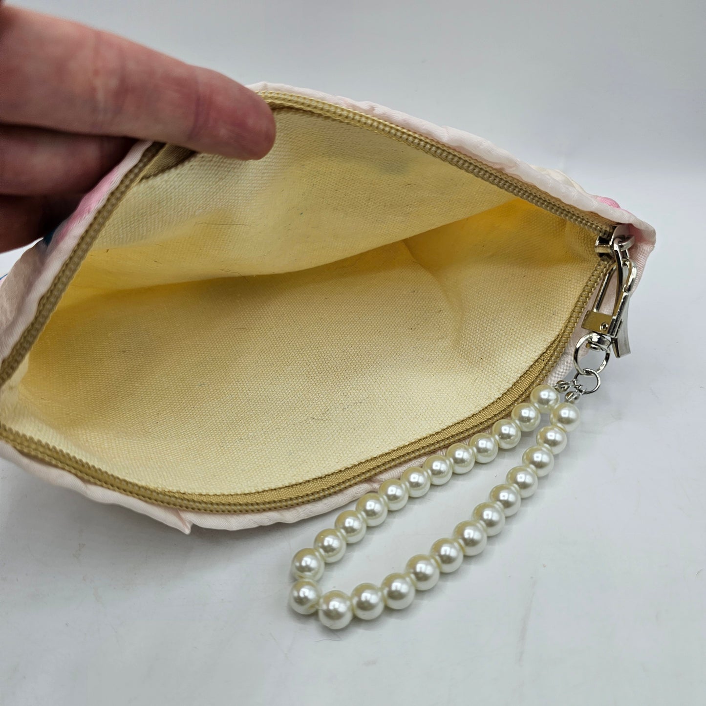 The Summer Swan Pink Zip Up Wristlet Purse / Make Up Bag with Cherries and Faux Pearl Pull Handle