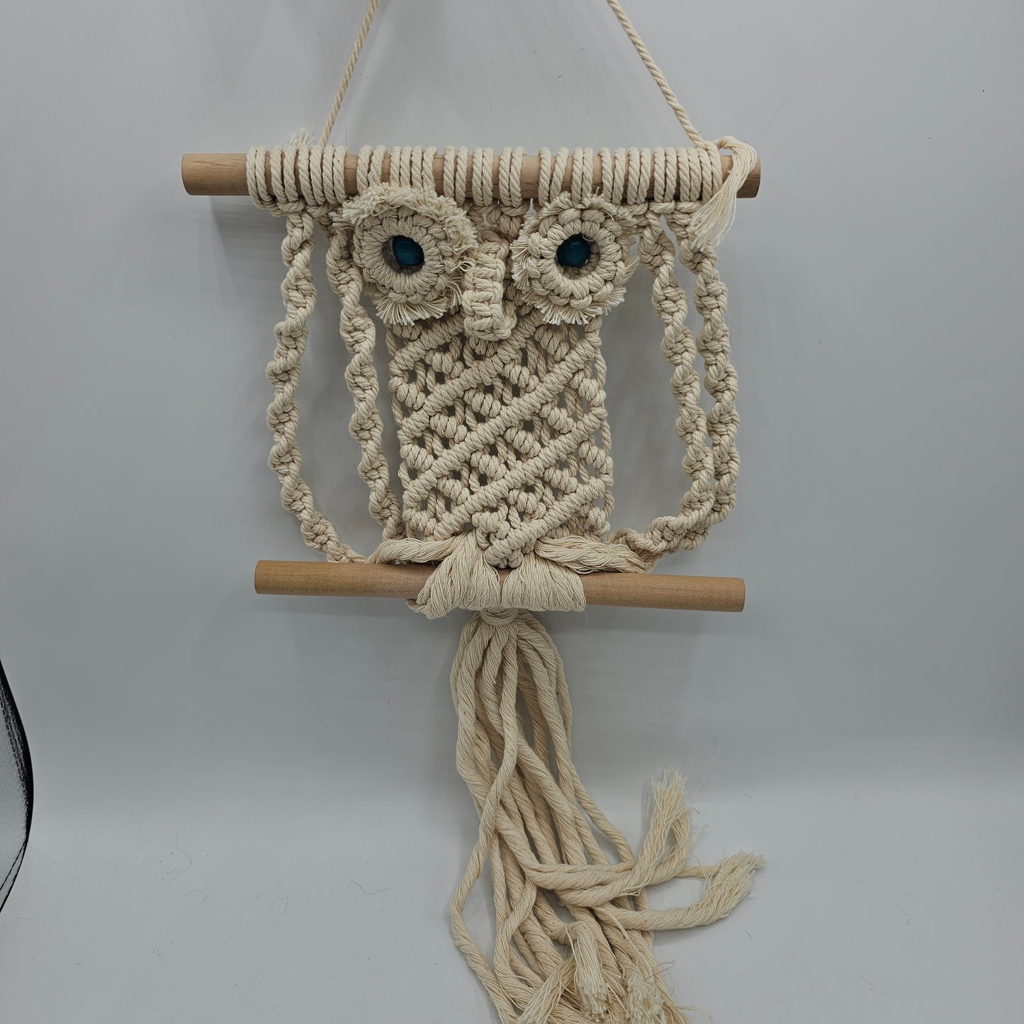 Macrame Owl with Blue Bead Eyes