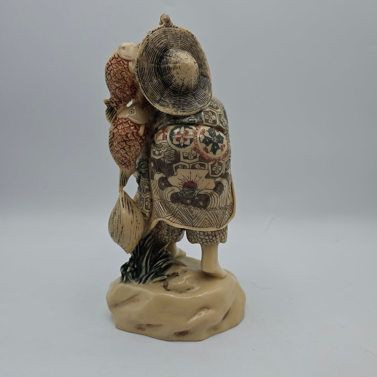 Old Asian Fisherman Figurine Resin with Scrimshaw Design