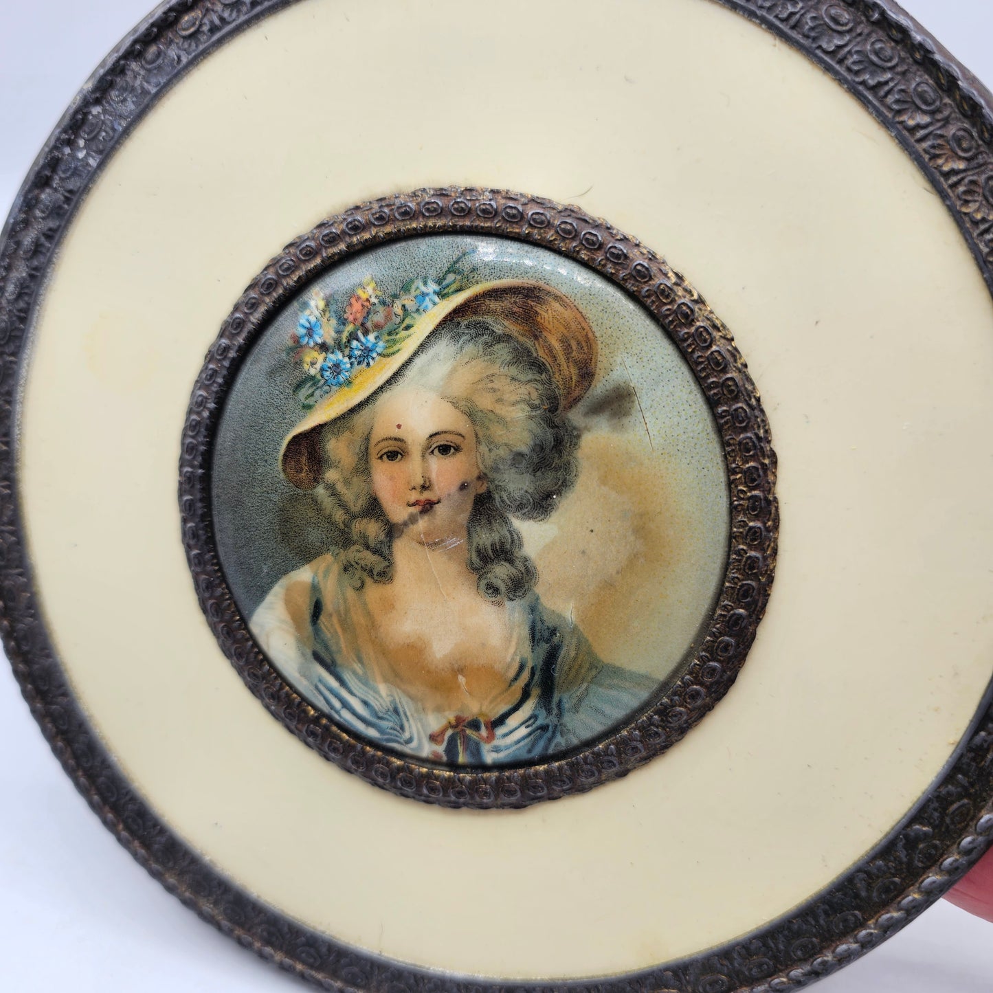 Antique Victorian Vanity Dresser Lidded Footed Metal Box with Celluloid Top and Divided Glass Insert - damage noted