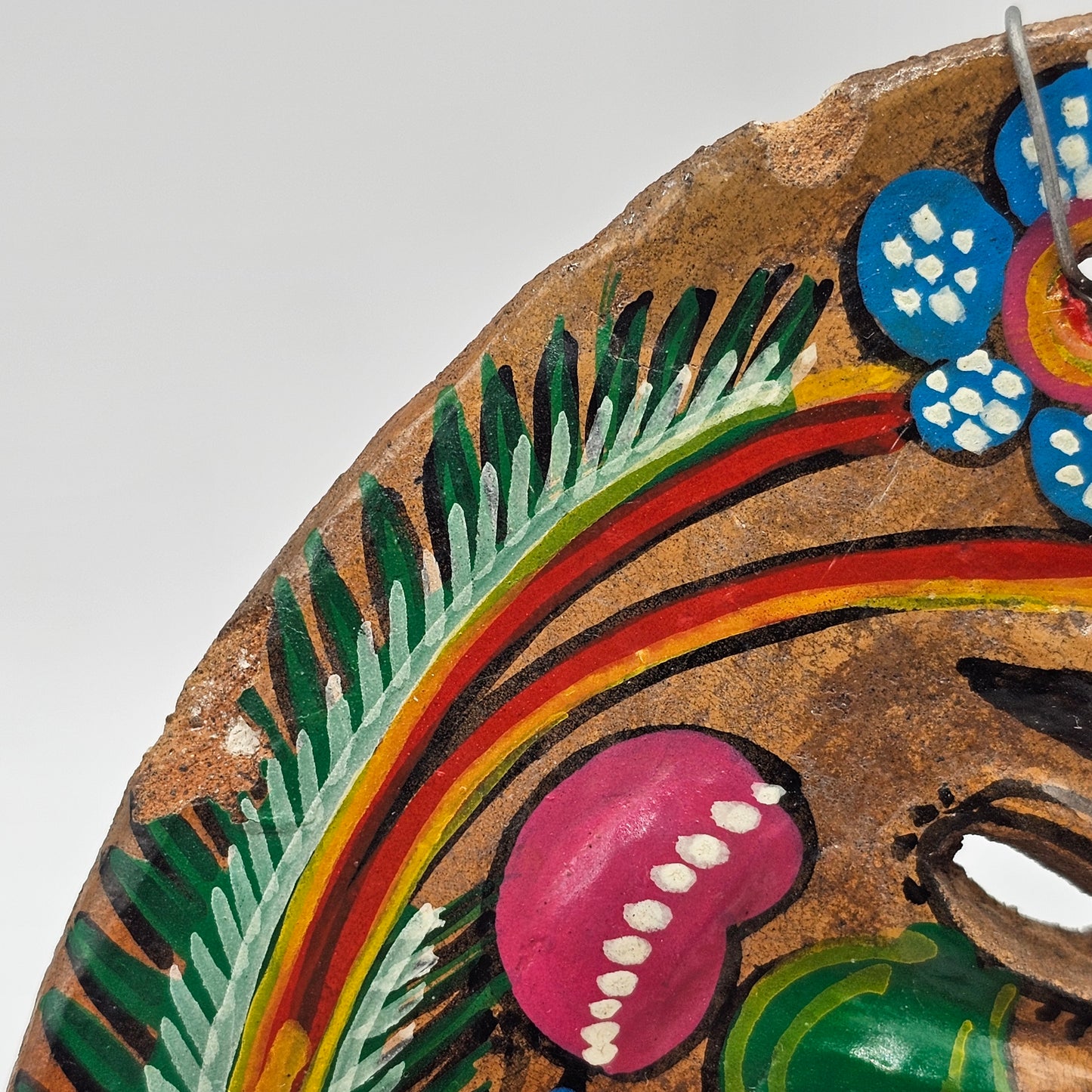 Talavera Hand Painted Mexican Pottery Folk Art Mask with Bird and Wall Hanger (small chips)