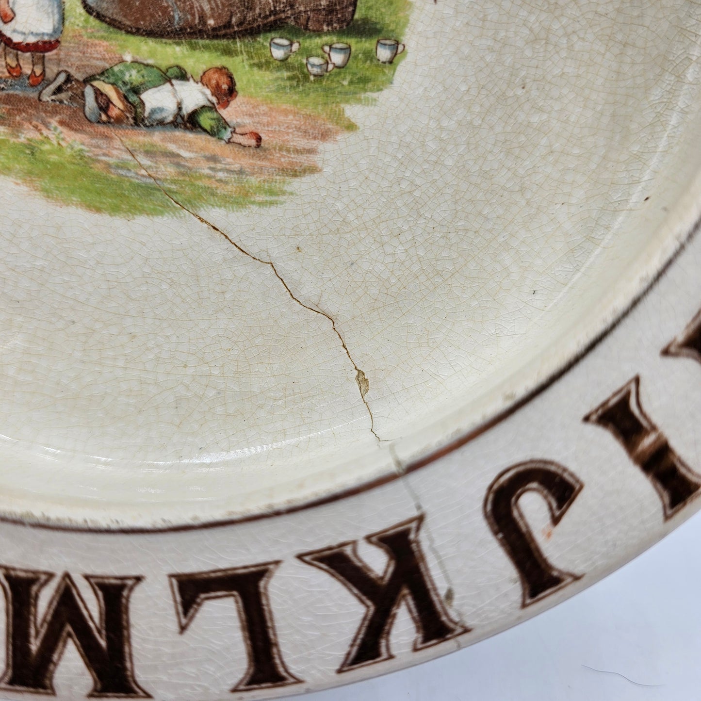 Antique German Childs Porcelain Serving Bowl with ABC Nursery Rhyme Design - There was an old woman... - Wall Hanger Included