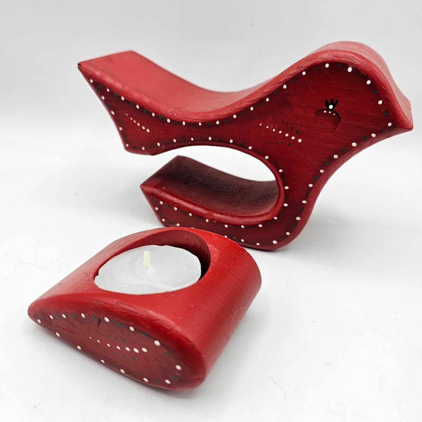 Scandanavian Style Hand Painted Red Wooden Bird Tealight Candle Holder or Secret Box
