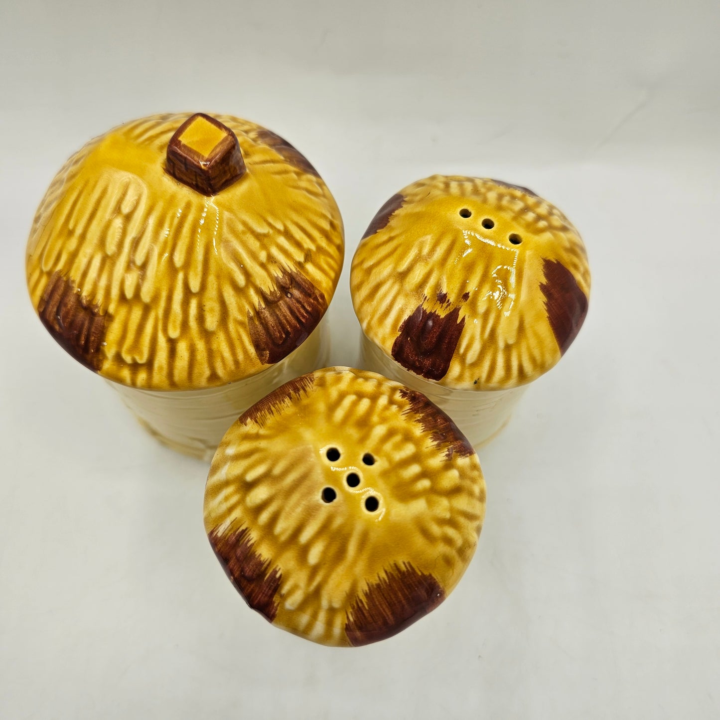 Marks Rosenfeld Farmhouse Salt and Pepper Shakers and Lidded Mustard Pot /Sugar