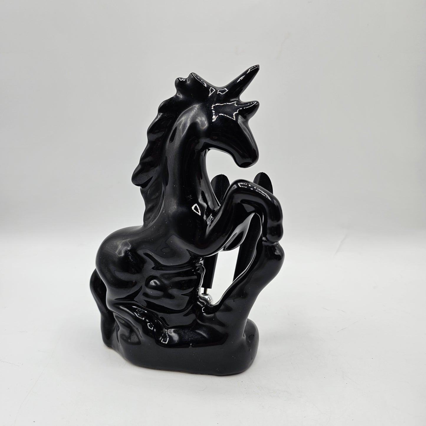 Vintage Glossy Black Ceramic Horse 2 Pen Holder / Desk Accessory