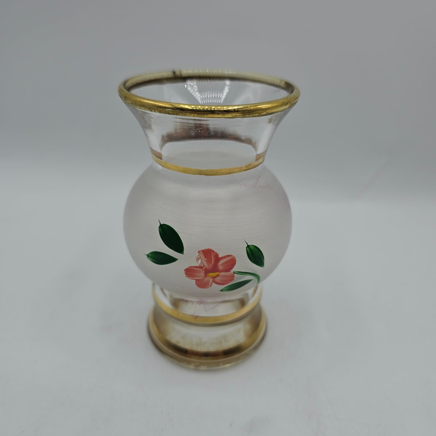 Vintage Bristol Glass Bud Vase with Gold Gilt and Hand Painted Pink Flower