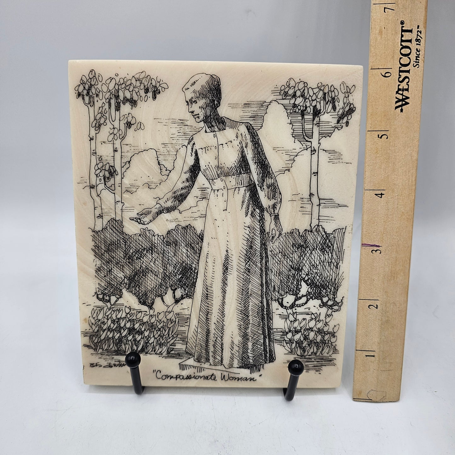Etching on Faux Marble Tile "Compassionate Woman by Bob Newitt LDS Folk Art 6"x5"
