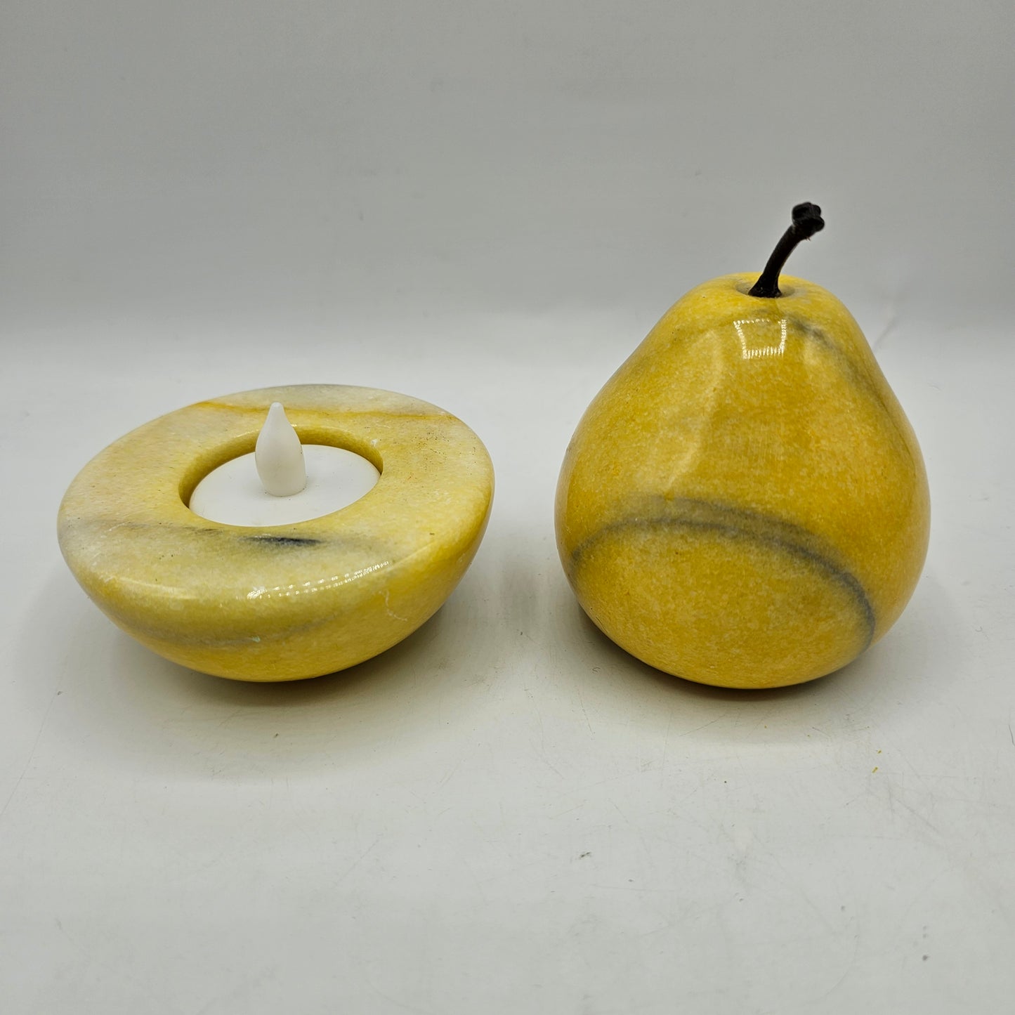 Yellow Alabaster Stone Pear and Tealight Candle Holder Set