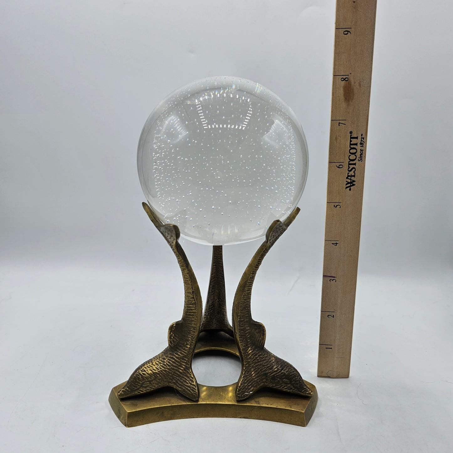 Vintage Glass Crystal Ball Orb on Solid Brass Dolphins Stand - Made in San Francisco, USA