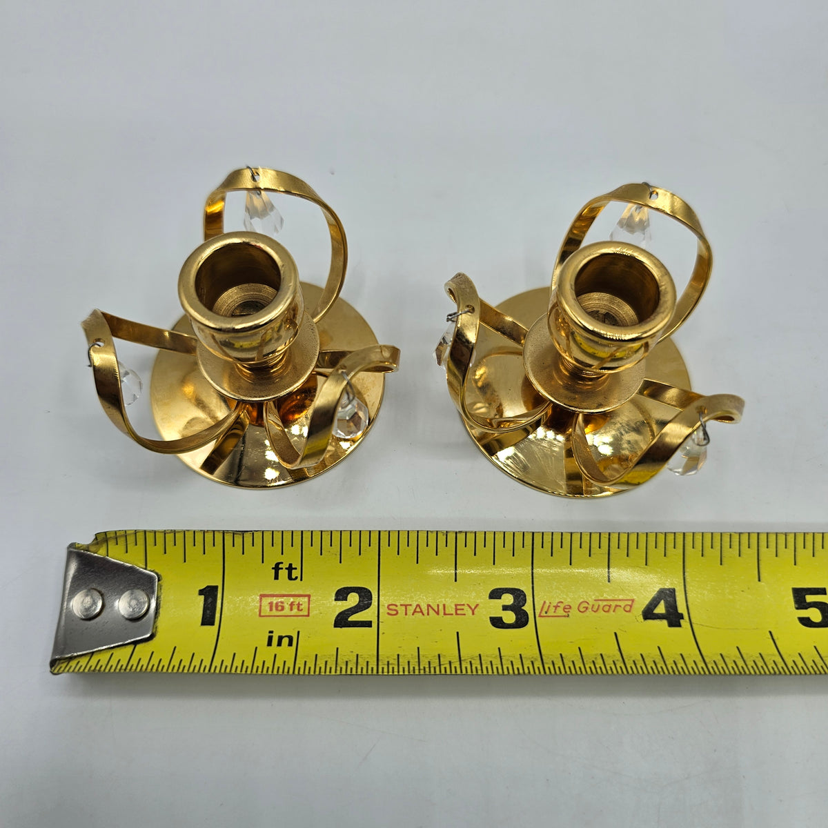 Vintage 24k Gold Plated Mini Taper Candlesticks with Hanging Strass Crystal Drops by Lycenta of Sweden