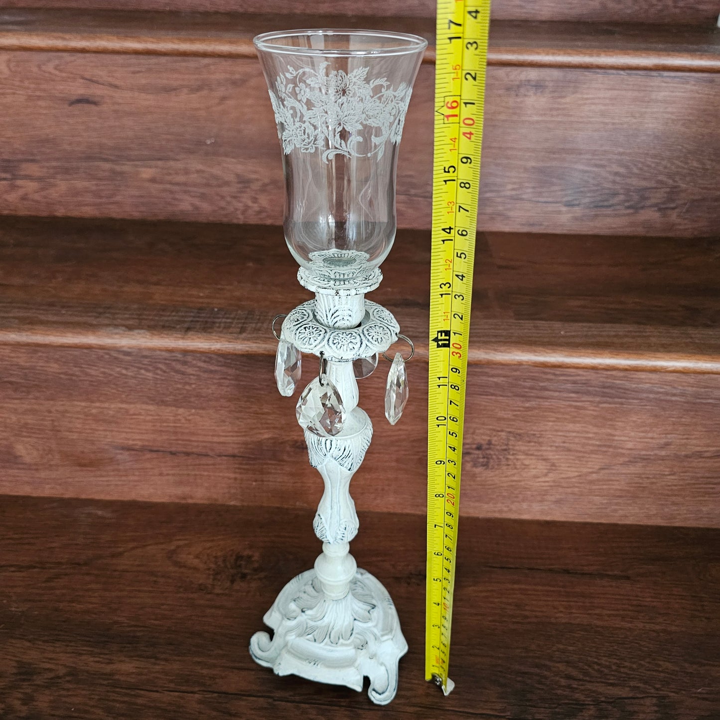 Vintage White Metal Candlestick with Glass Prisms and Etched Glass Peg Shade