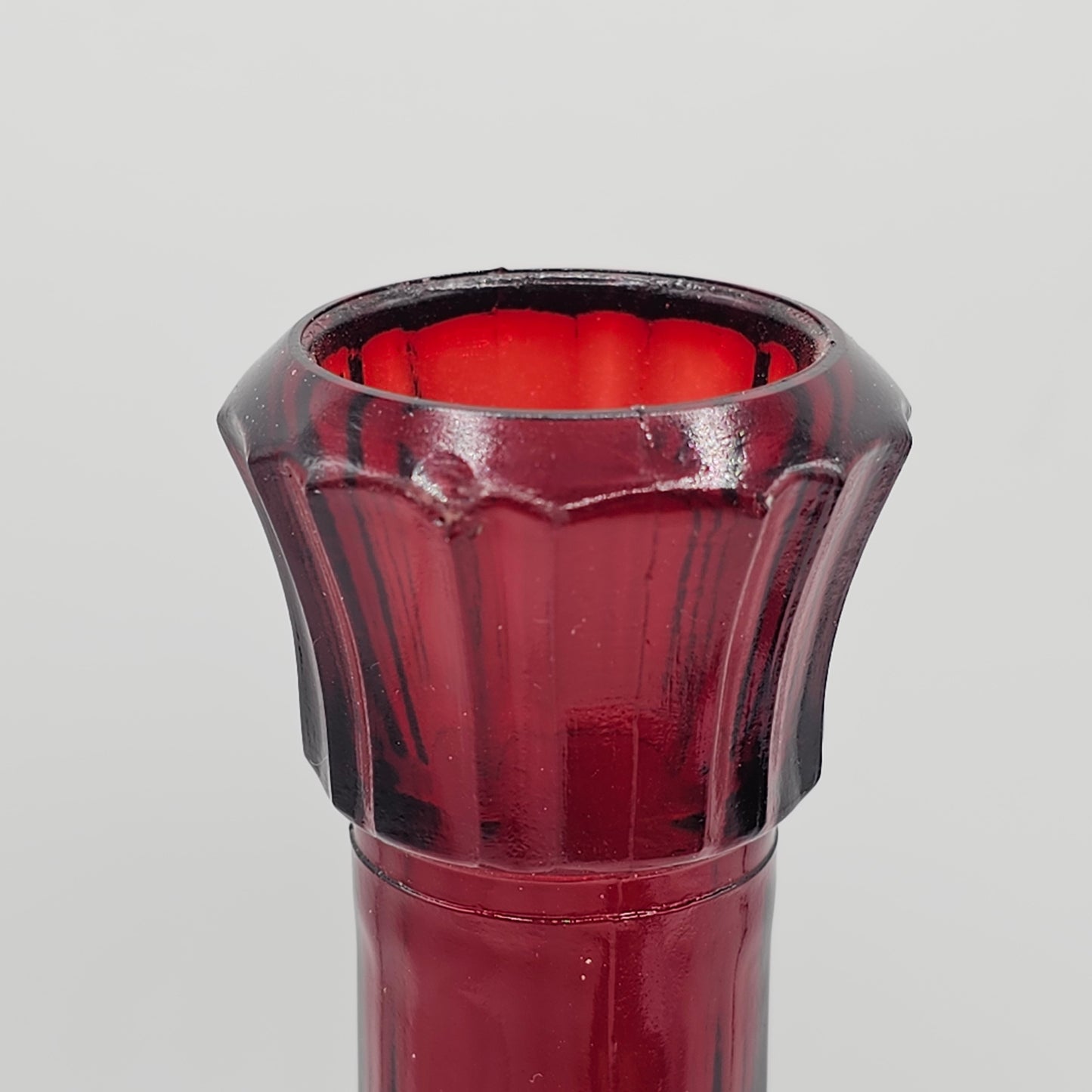 Vintage Ruby Red Bullseye Glass Bud Vase 9" Tall (damage noted)
