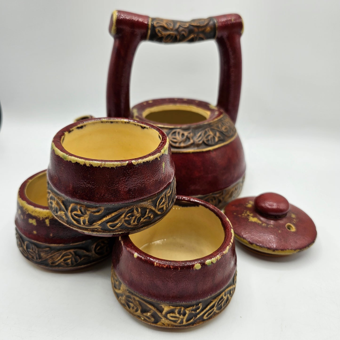 Intentionally Distressed Asian Teapot and Three Tea Cups by Pottery Barn