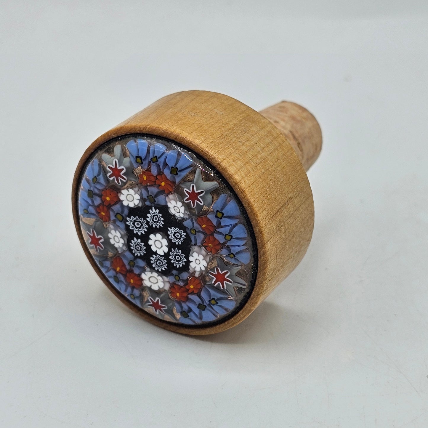 Mille Fiore Glass Wine Bottle Stopper Cased in Wood Frame