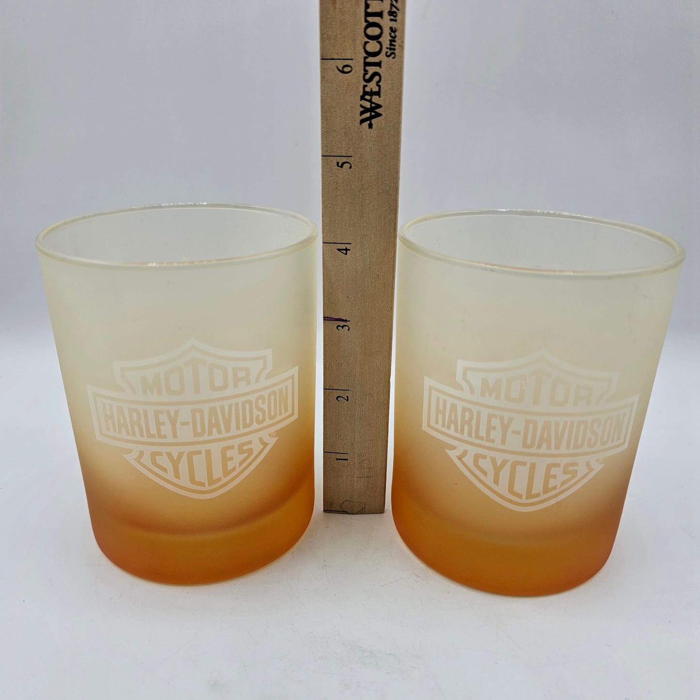 Harley Davidson 12oz Logo Glass Tumblers - Frosted Satin Fade to Orange - Set of 2
