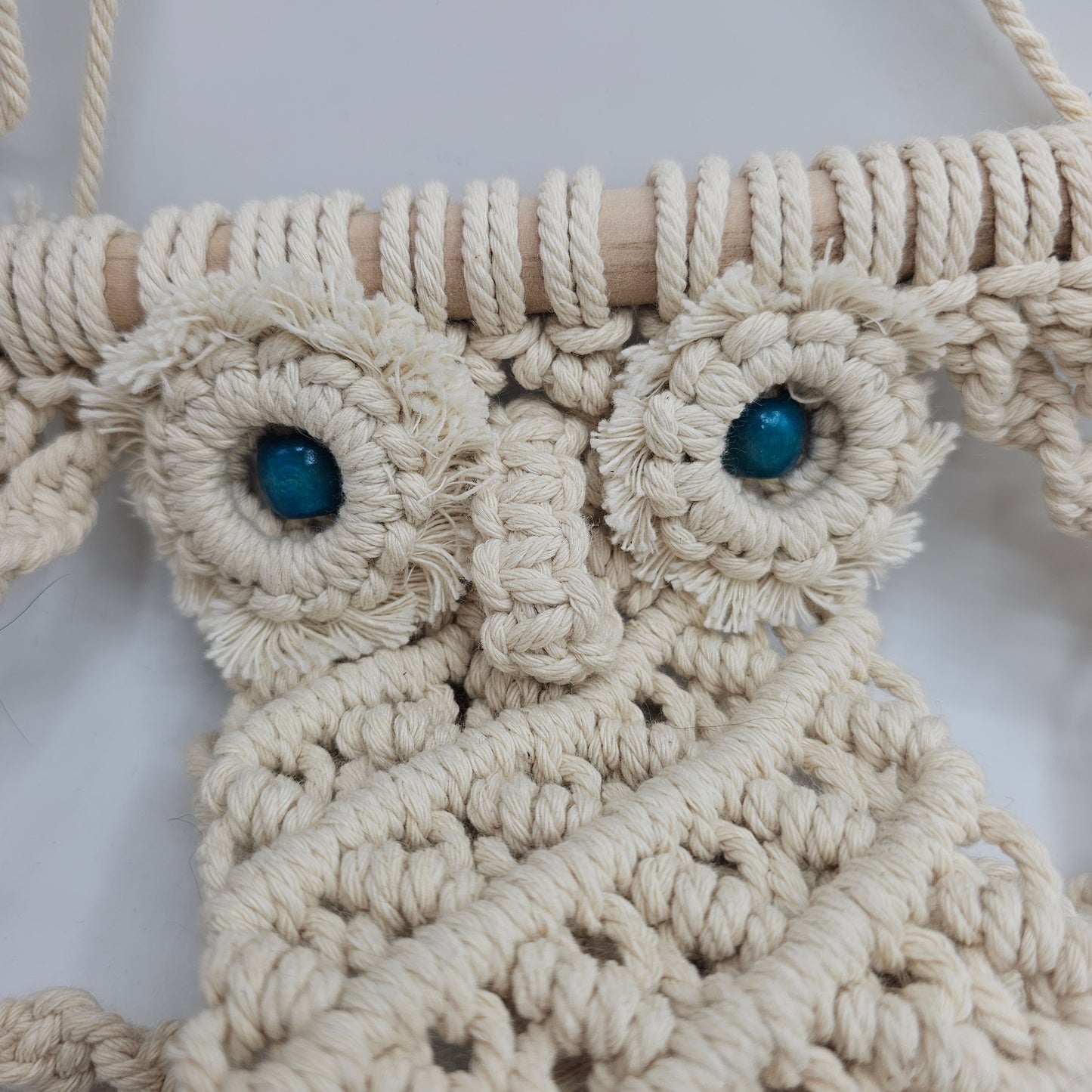 Macrame Owl with Blue Bead Eyes