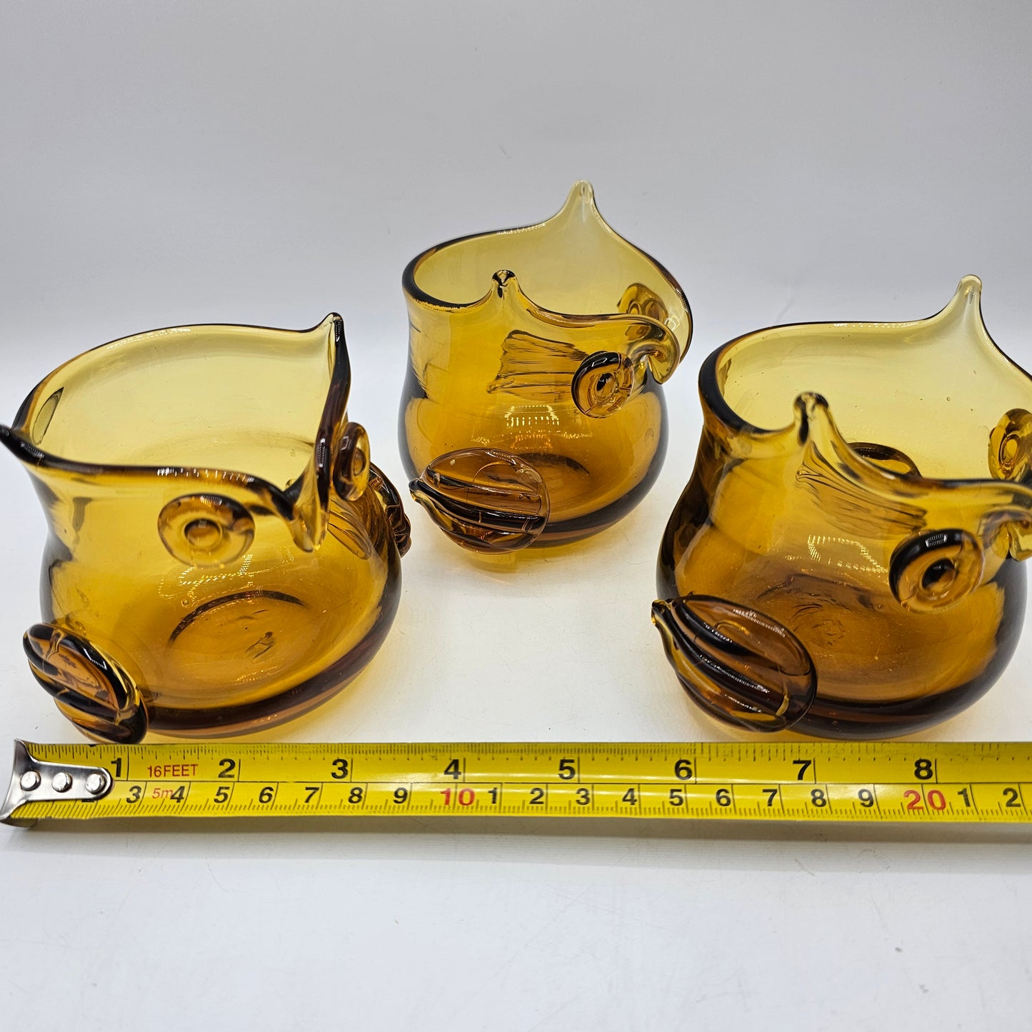 Blenko Style Amber Glass Owls - Set of 3