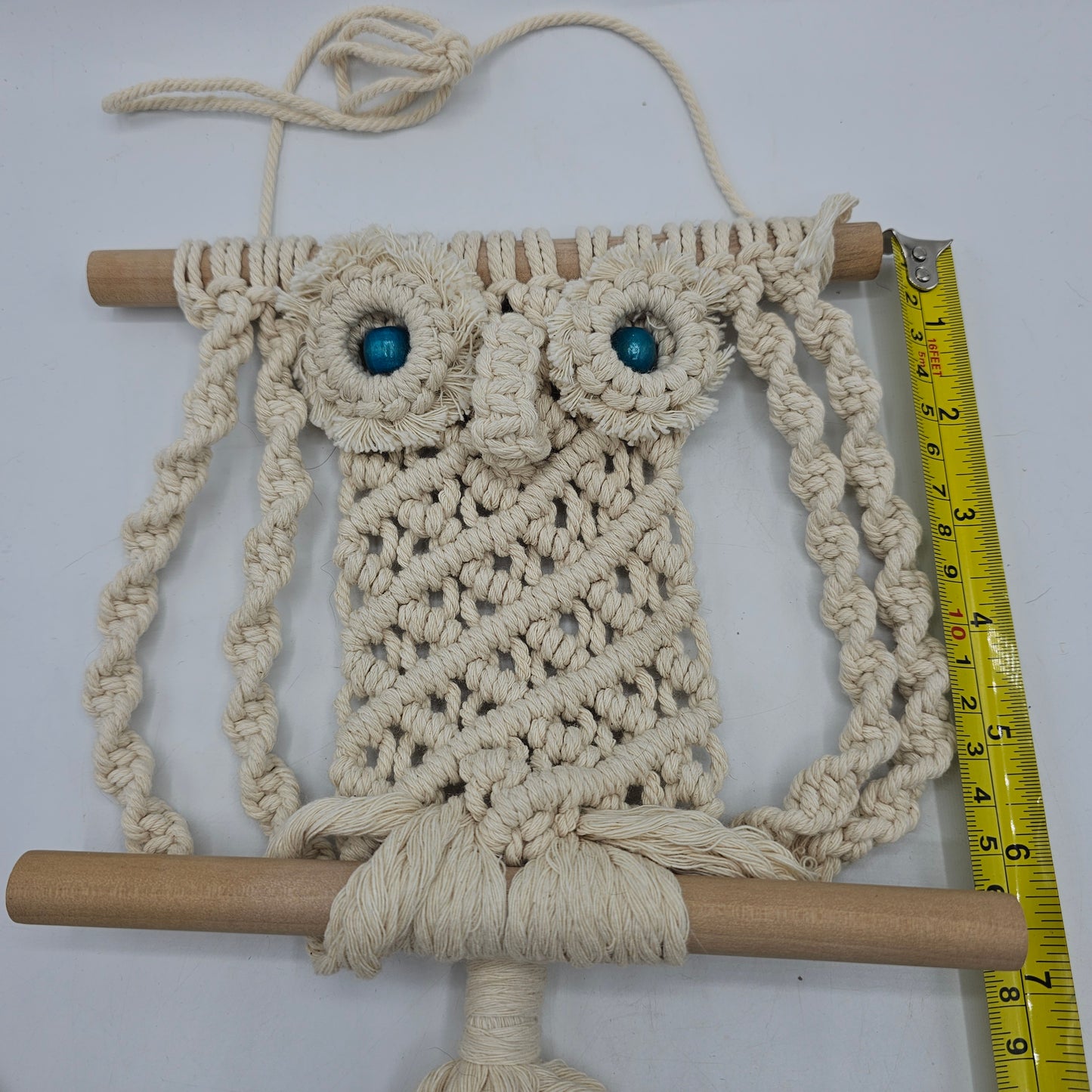Macrame Owl with Blue Bead Eyes