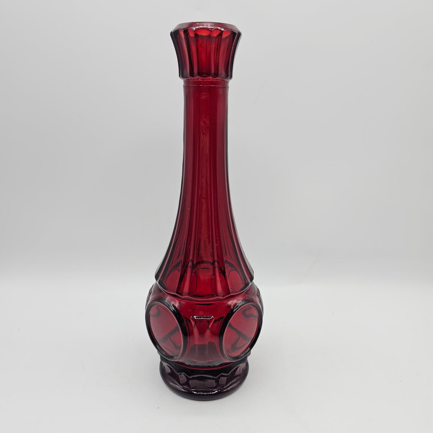 Vintage Ruby Red Bullseye Glass Bud Vase 9" Tall (damage noted)