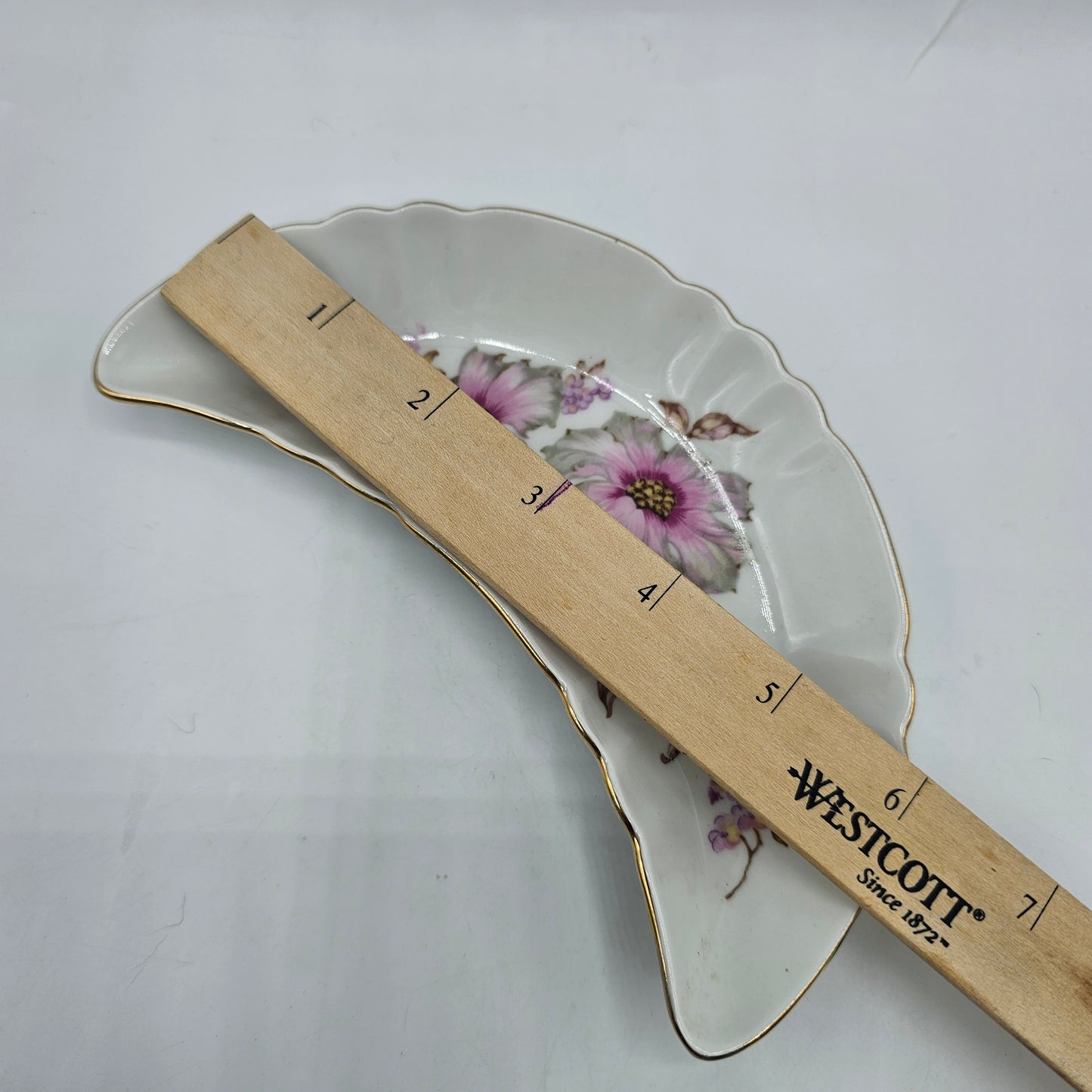 Vintage Mitterteich Bavaria Germany Crescent Fish Bone Dish with Gold Rim and Pink Dogwood Design