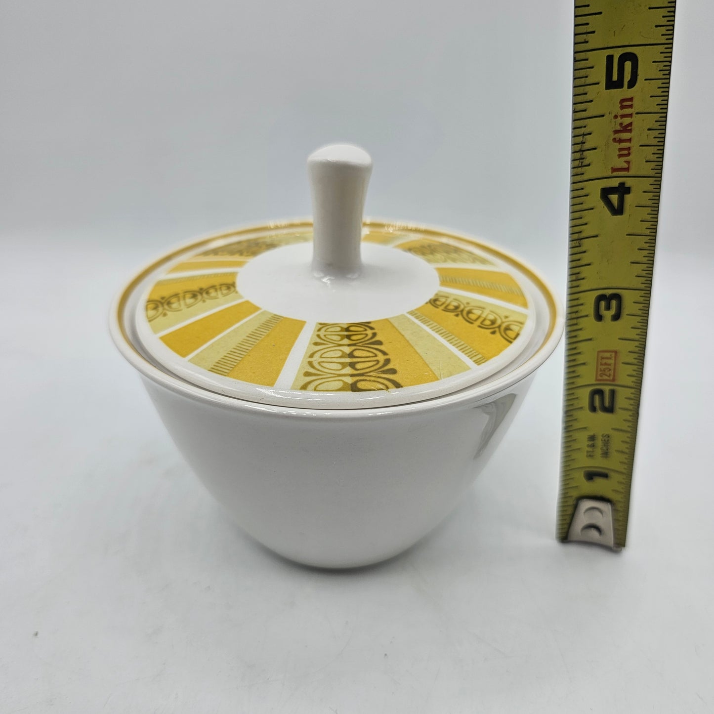 Franciscan Whitestone Ware Antigua Interface Lidded Sugar Bowl Mid Century Modern Mustard Yellow Brown Design