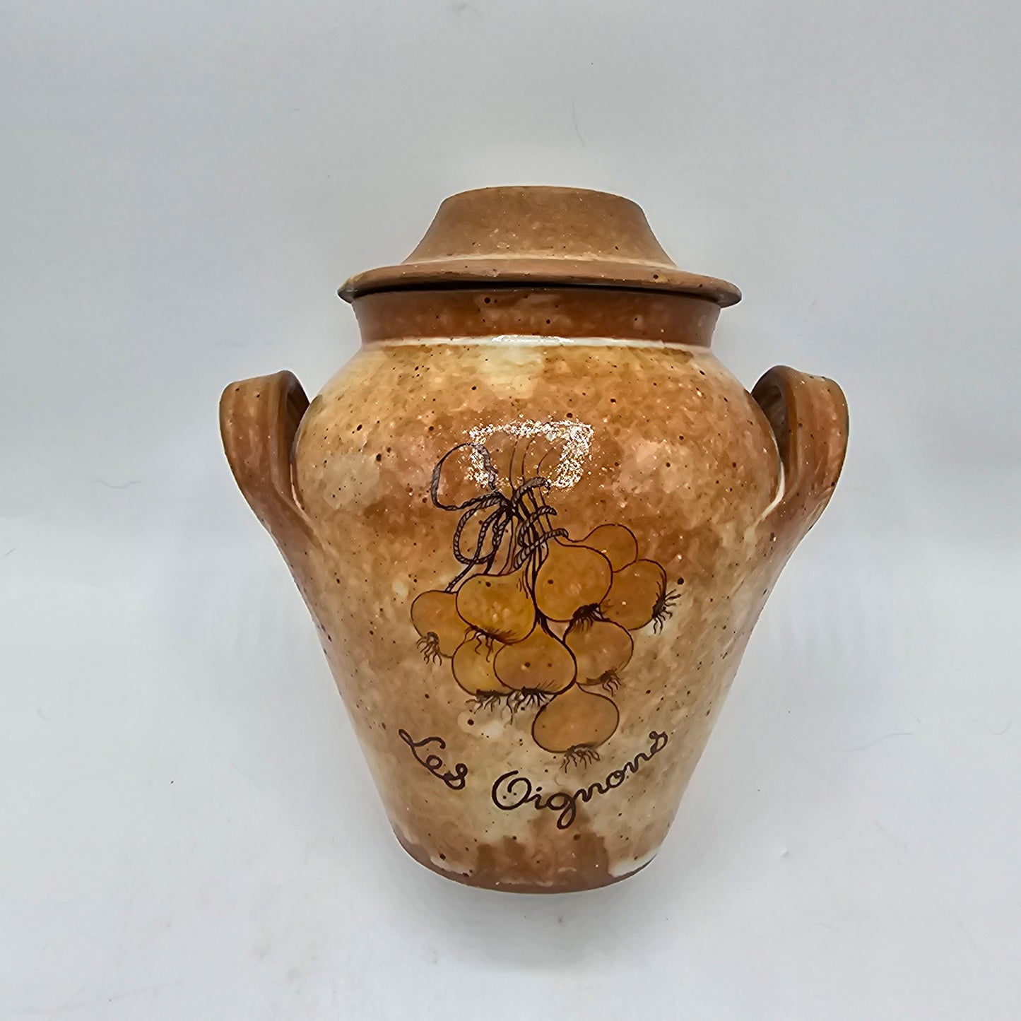 "Los Oignons" Glazed Pottery Lidded Jar with Onion Design - 5.5" tall