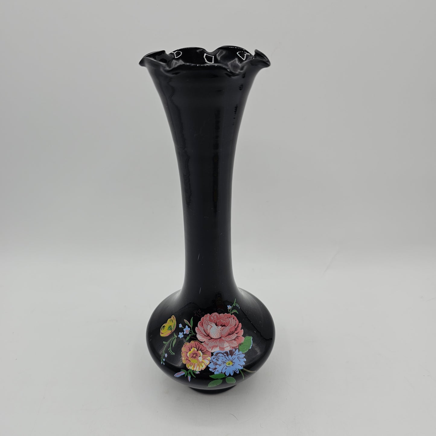 Vintage Ruffle Top Black Glass Bud Vase with Transferware Flower Design - 8" tall