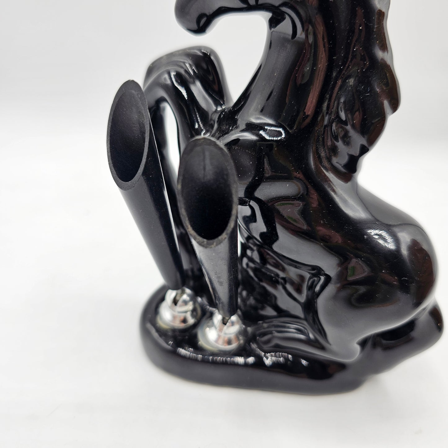 Vintage Glossy Black Ceramic Horse 2 Pen Holder / Desk Accessory