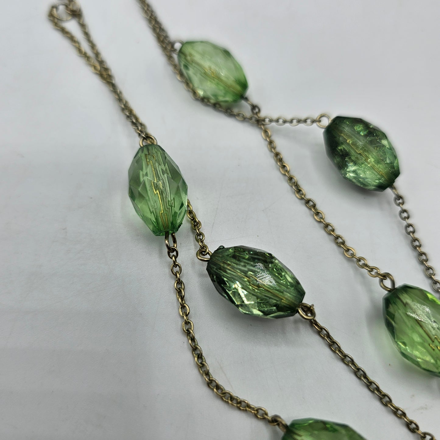 Vintage Costume Double Strand Green Bead Necklace - Plastic Composite with Gold Tone Chain