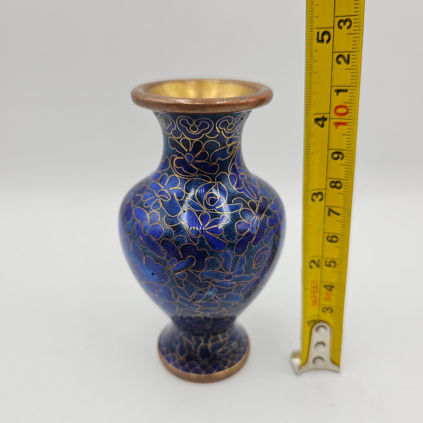 French Cloisonne Small Blue Vase with Gold Gilt - 4"