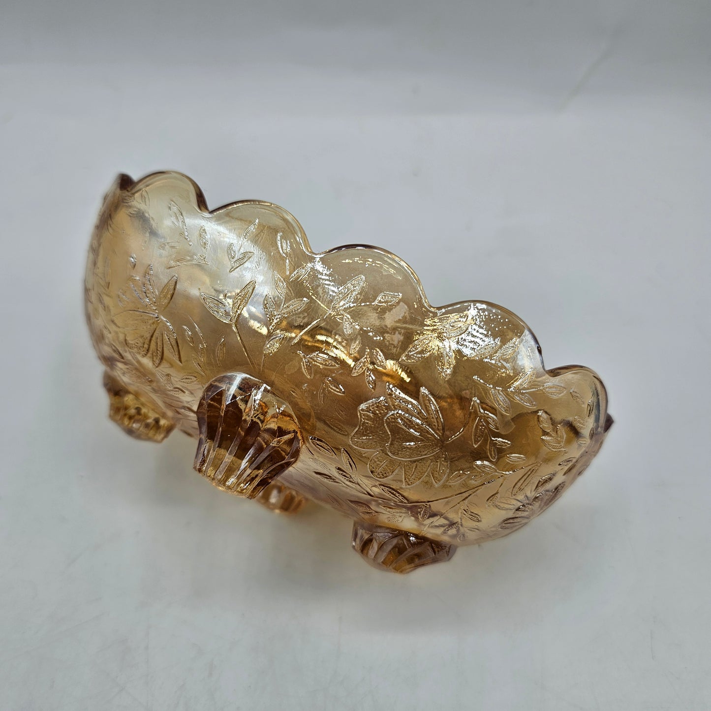 Jeanette Glass Floragold Iridescent Peach Footed Candy Dish with Raised Design- 5.5 x 3.5 x 2" high