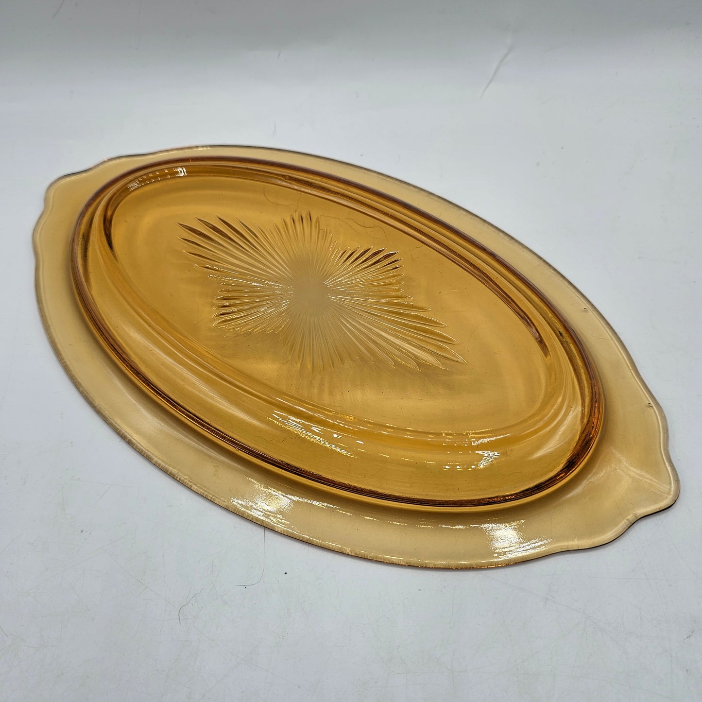 Heisey Touraine Oval Amber Glass Serving Tray with Starburst Design