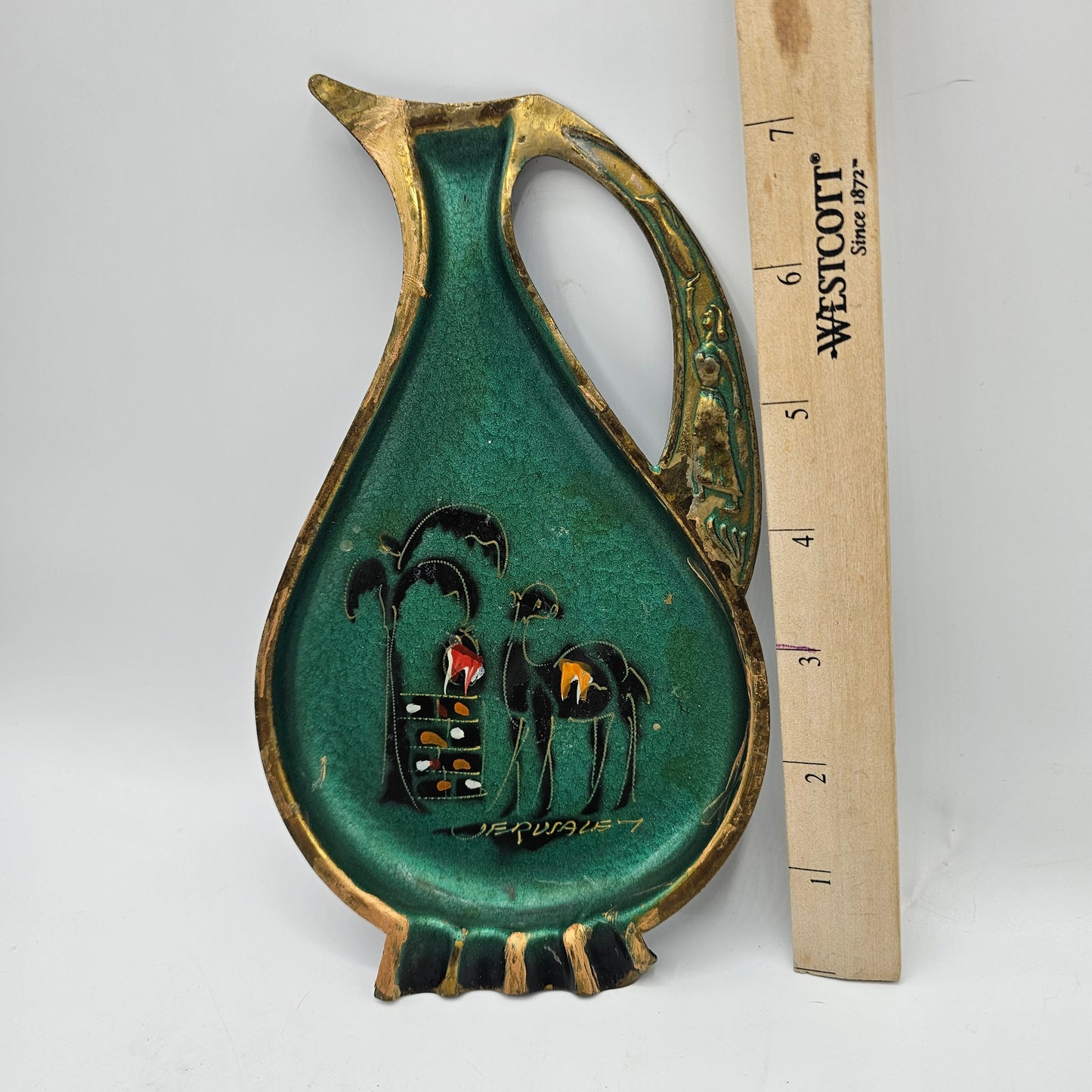 Vintage Judaic Green and Brass Ashtray with Painted Camel - Jerusalem Souvenir