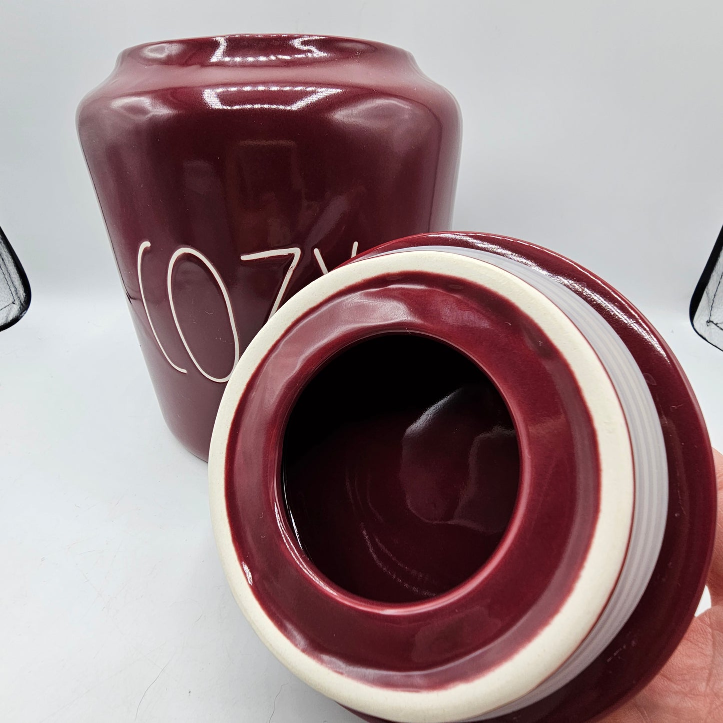 Rae Dunn Burgundy Ceramic Lidded "Cozy" Canister
