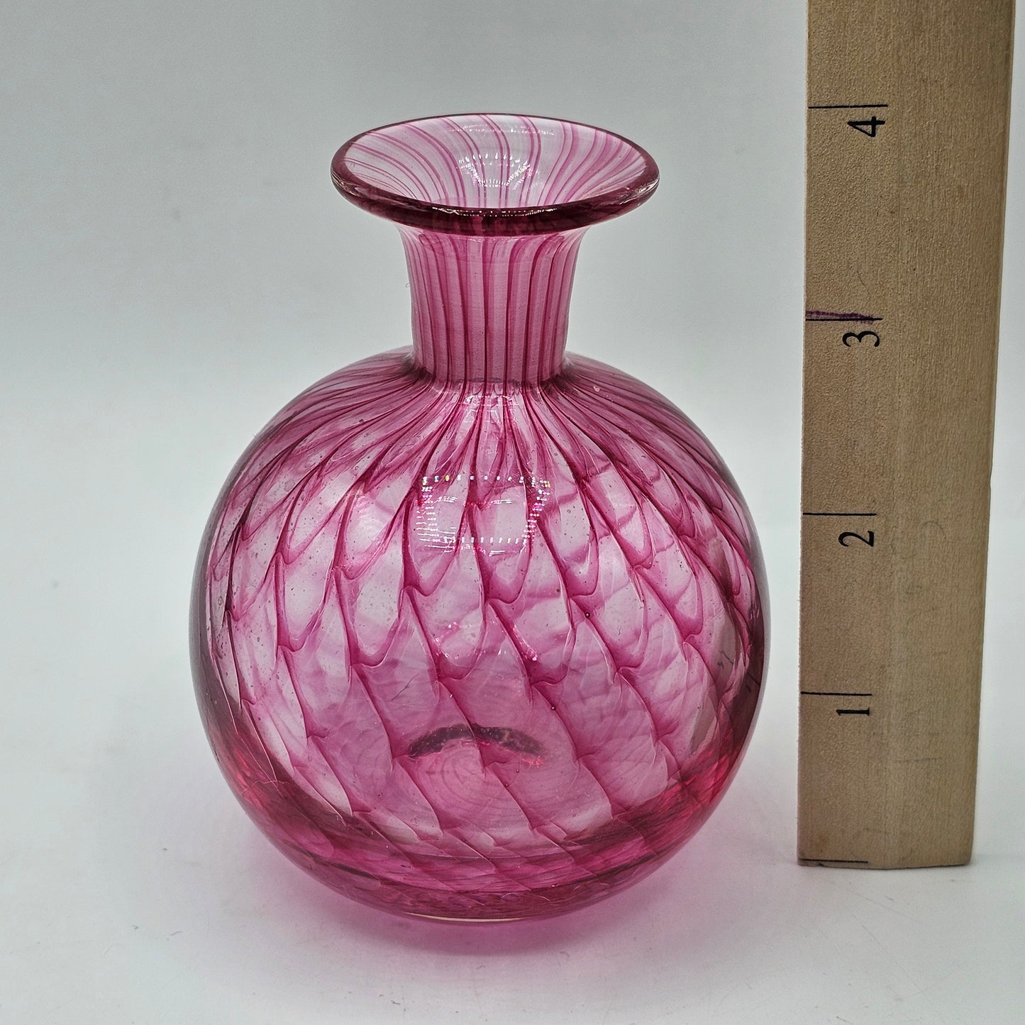 Pink Handblown Glass Perfume Bottle: Vintage Pulled Feathered Murano Italian Art Glass (no stopper)