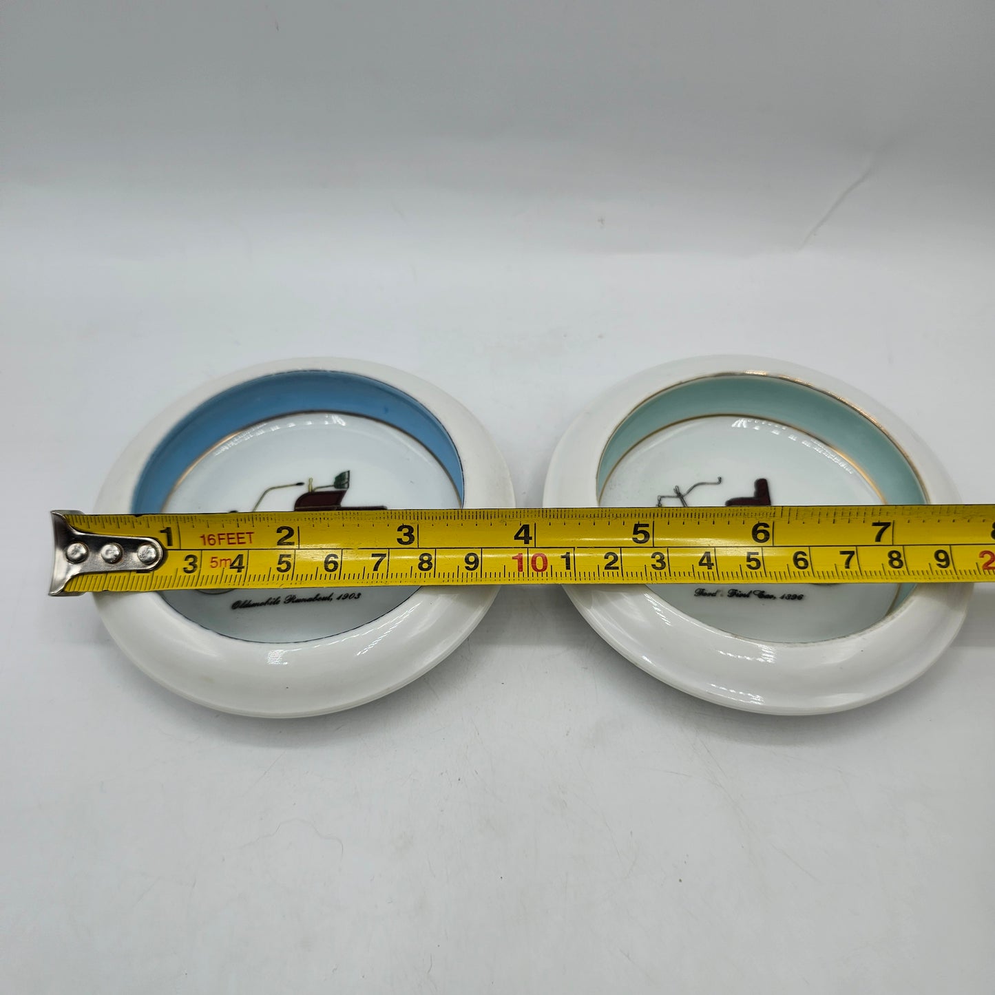 Two Vintage Ceramic Coasters or Trinket Dishes Featuring Classic Cars