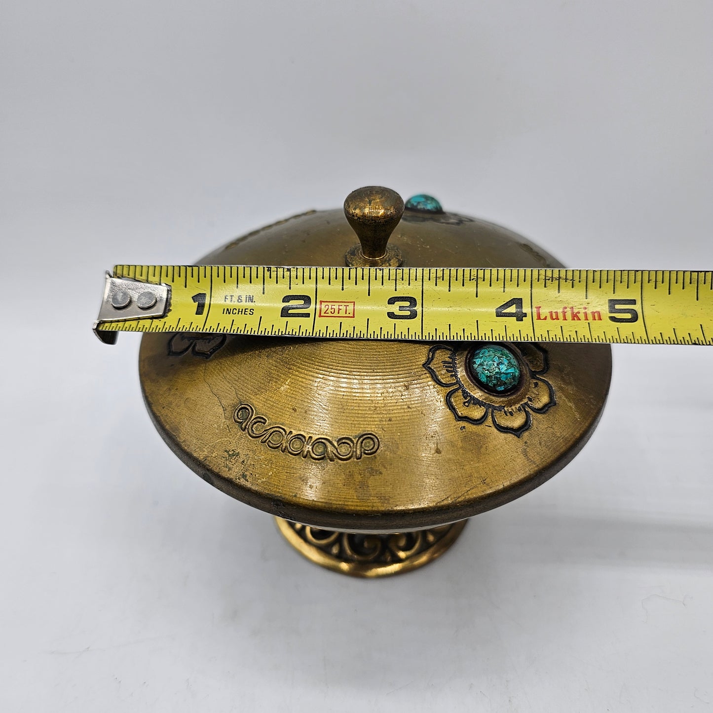 Vintage Israeli Hand Embossed and Debossed Brass Candy Dish with Turquoise Stone Inlay - Made in Israel