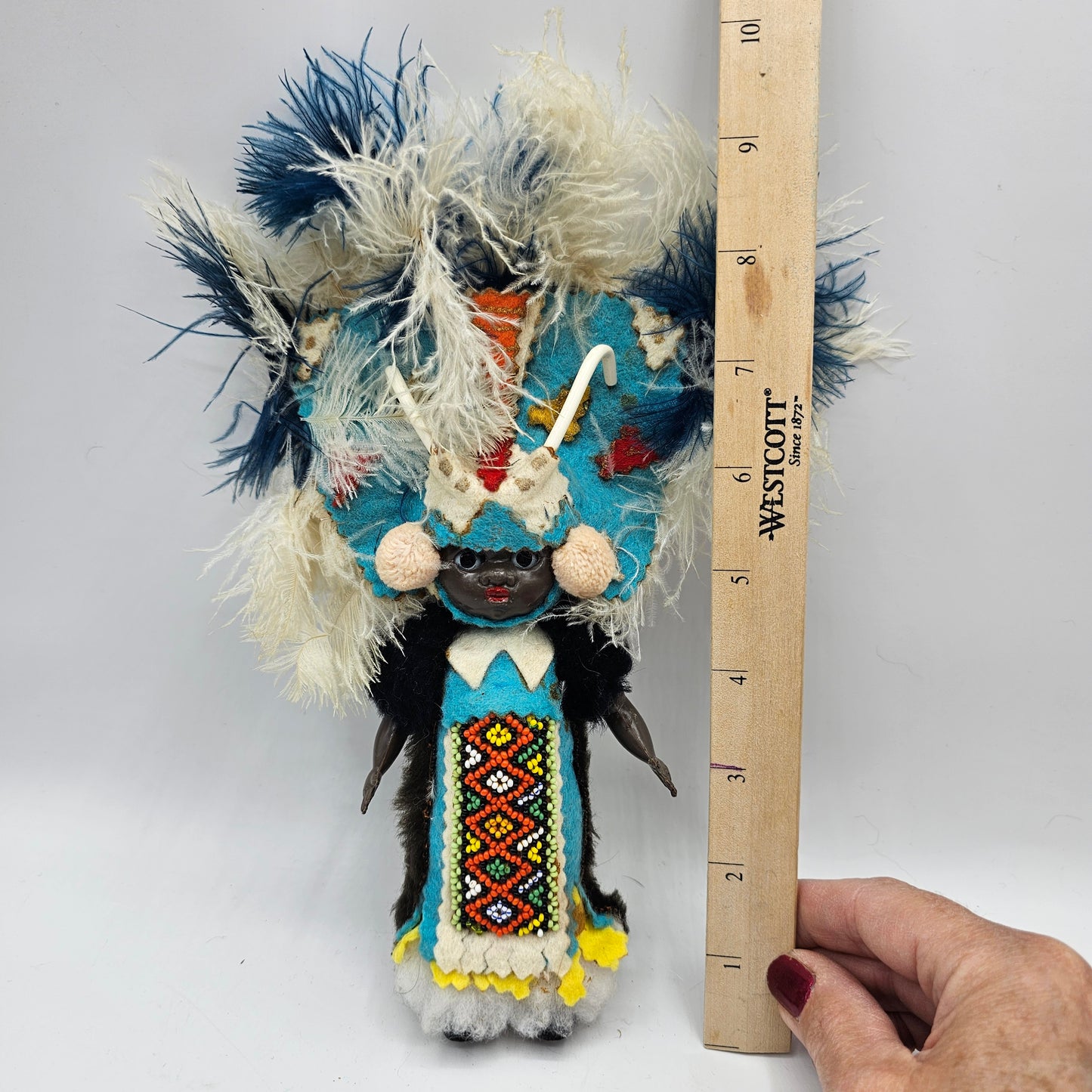 Vintage African Tribal Doll with Beaded Feathered Costume