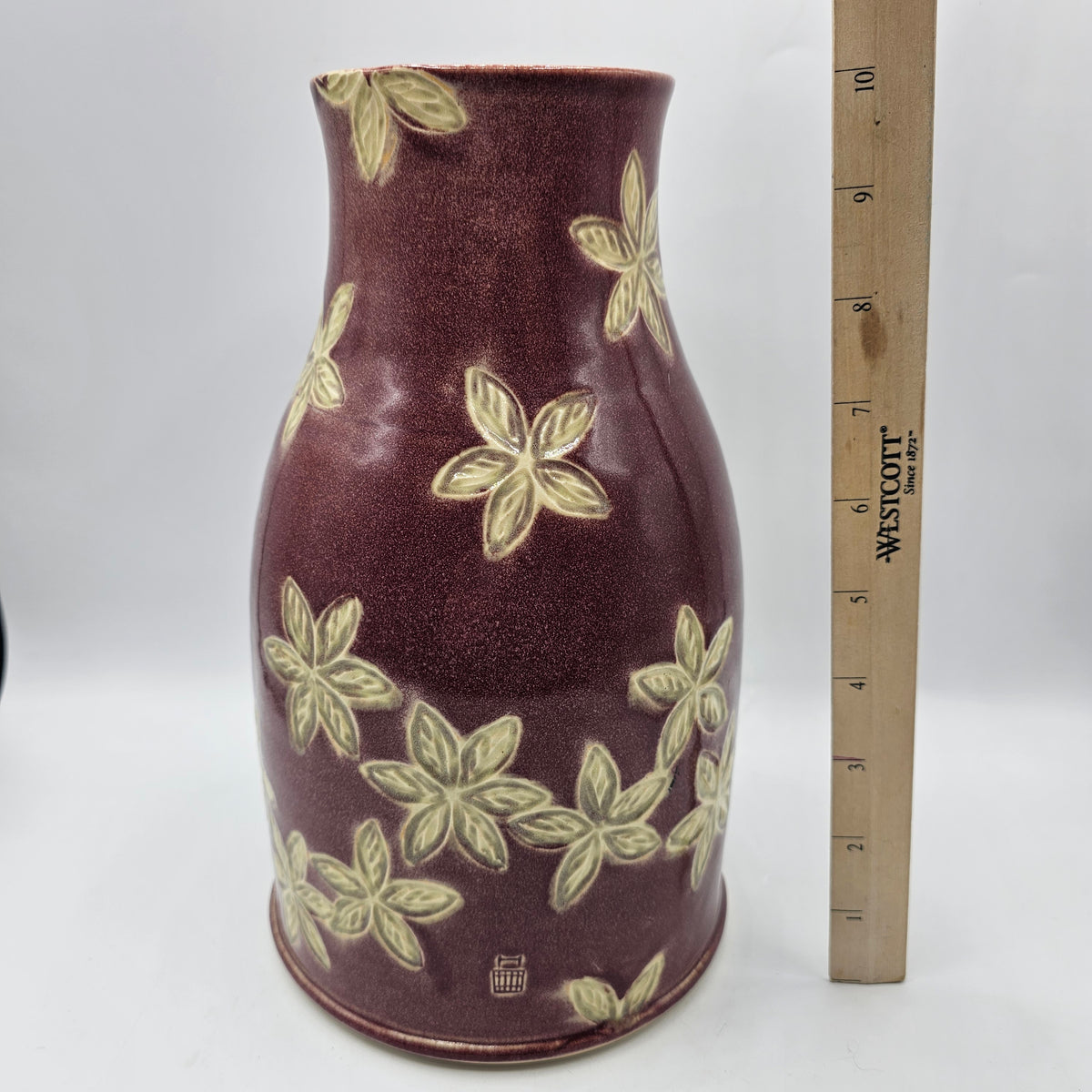 Large Glazed Artisan Pottery Purple Vase with White Flowers