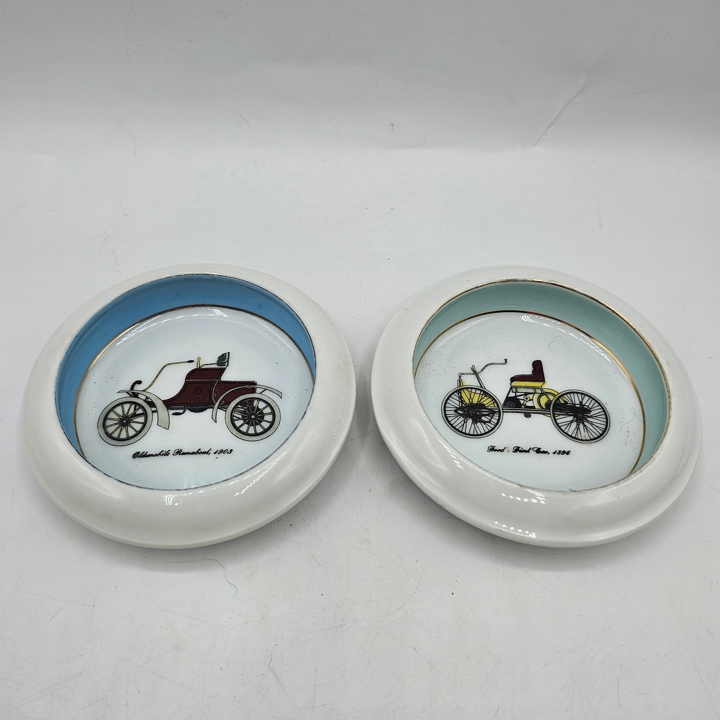 Two Vintage Ceramic Coasters or Trinket Dishes Featuring Classic Cars