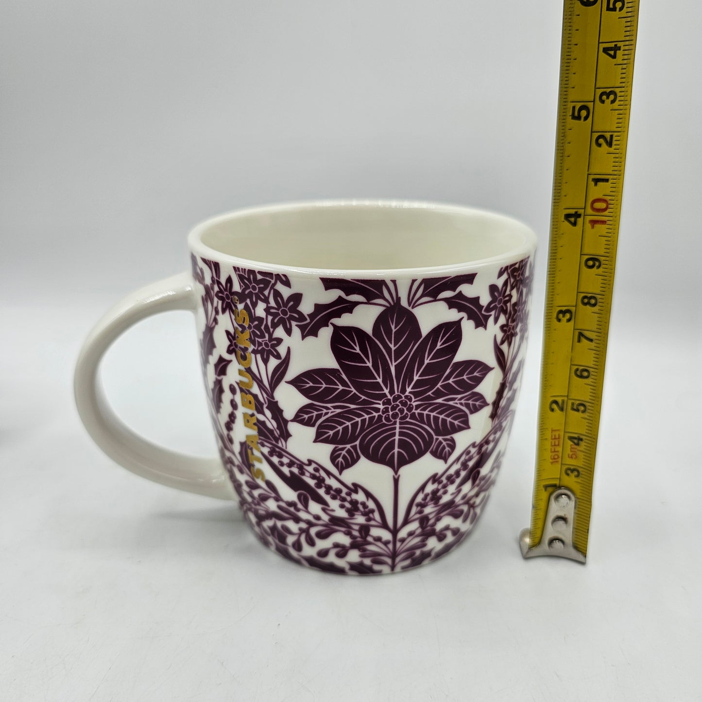 Starbucks Poinsettia Holly Berry and Mistletoe Christmas Tea Cup Style Mug White with Burgundy Floral Pattern - Set of 2
