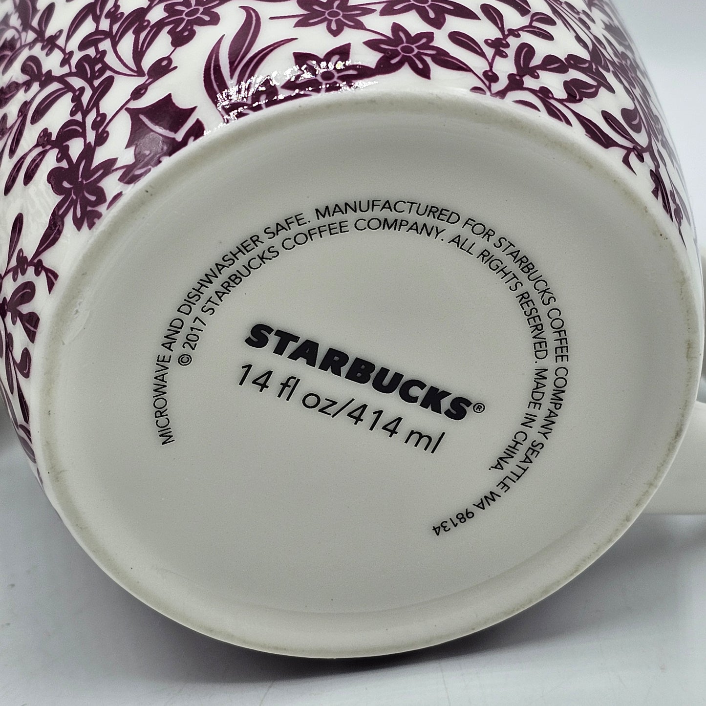 Starbucks Poinsettia Holly Berry and Mistletoe Christmas Tea Cup Style Mug White with Burgundy Floral Pattern - Set of 2
