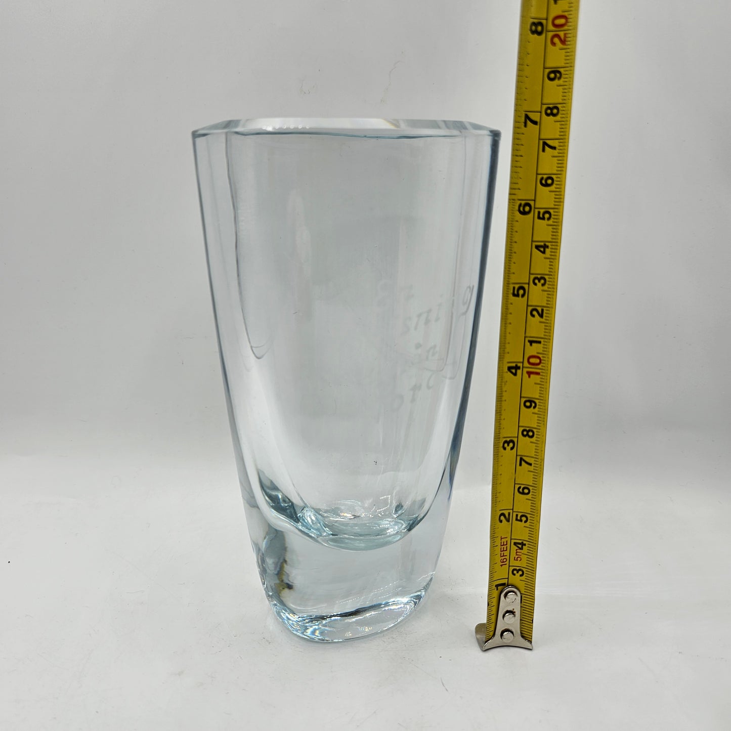 Vintage Swedish Clear Crystal Strombergshyttan Vase Signed by the Artist and Etched "En Halsning fron Tora"