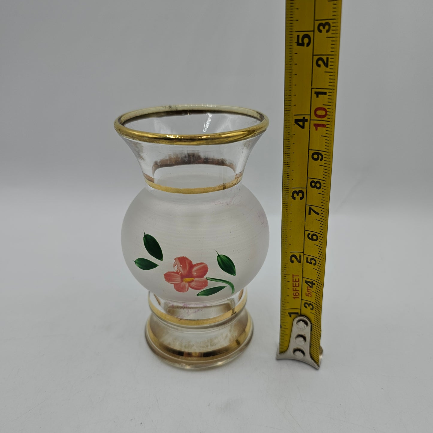 Vintage Bristol Glass Bud Vase with Gold Gilt and Hand Painted Pink Flower