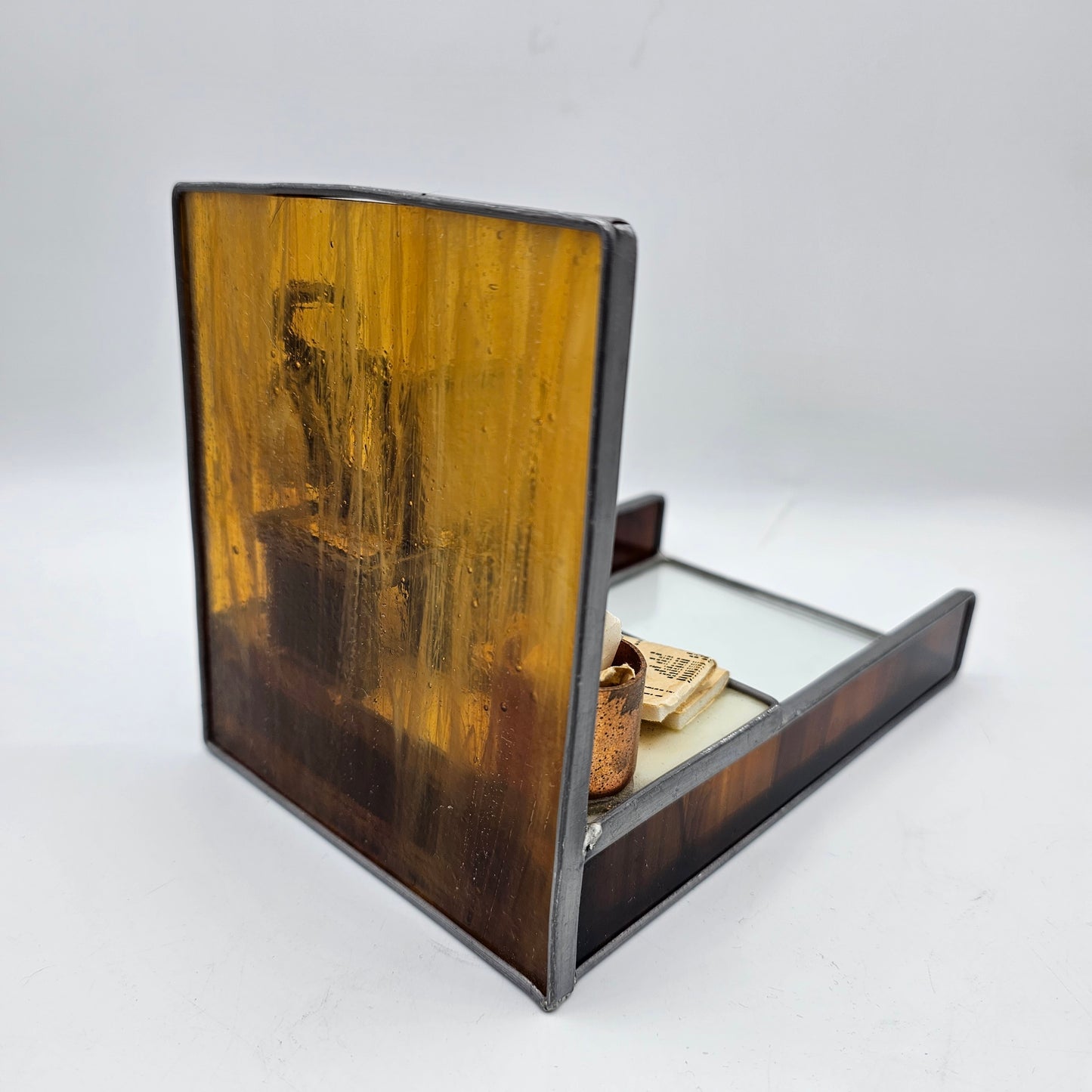 Vintage Carl Goeller Salesman / Stockbroker Sculptural Stained and Leaded Glass Letter Tray Desk Caddy