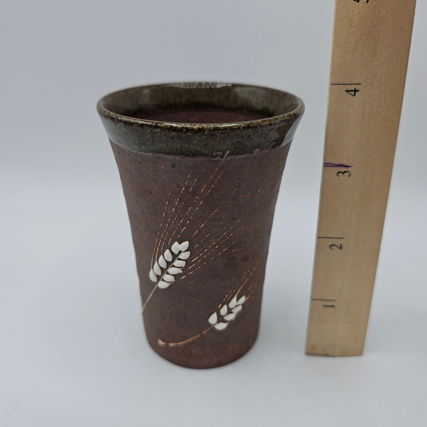 Artisan Pottery Brown Juice Cup / Vase with White Wheat Stems