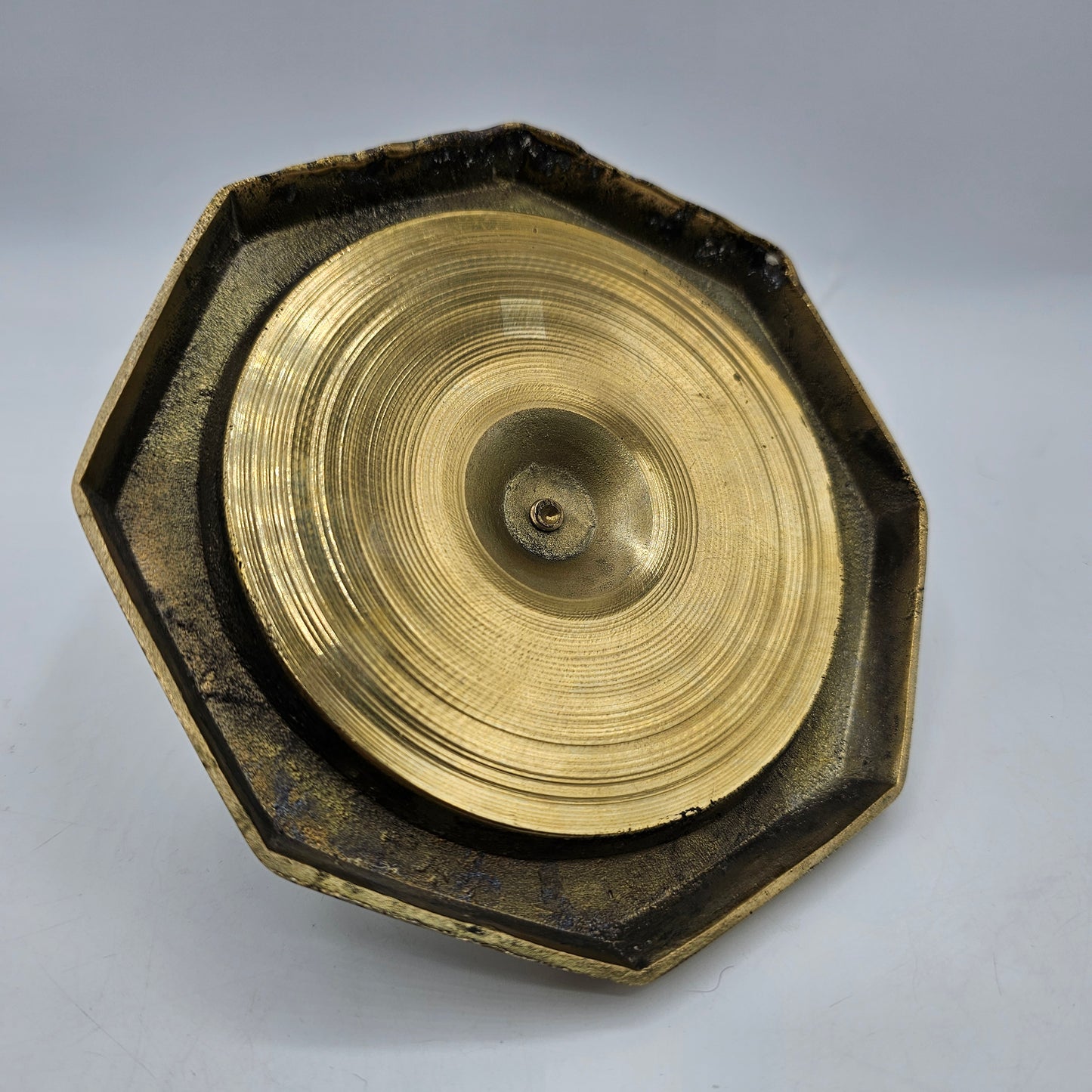 Vintage Solid Brass Taper Candle Holder with Inlaid Mother of Pearl and Octagonal Shaped Drip Tray