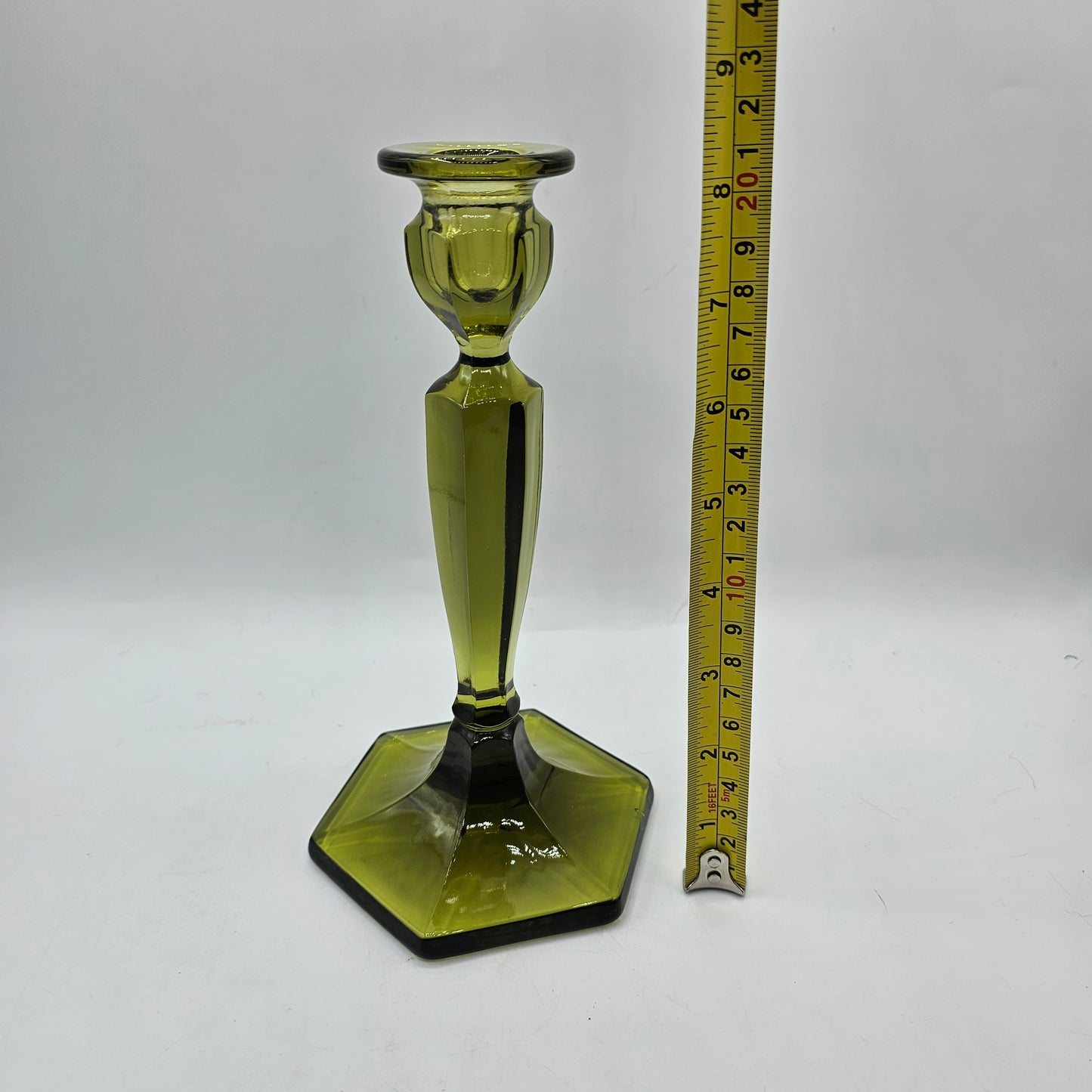 Vintage Fenton Avocado Green Glass Candlestick - 8.5" Tall